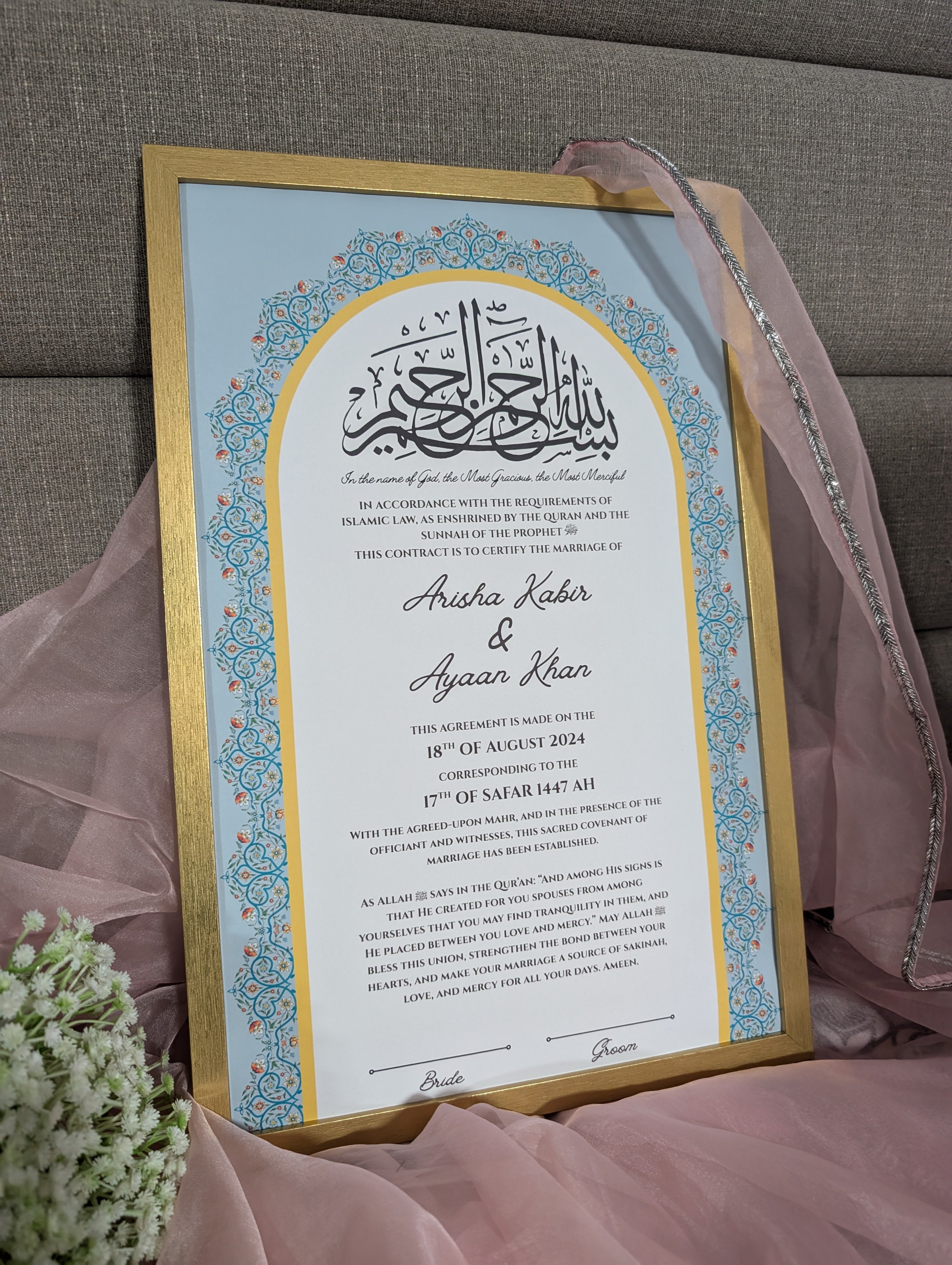Hand painted Safiya Nikah certificate with blue floral motifs and gold border, custom Islamic marriage certificate Toronto