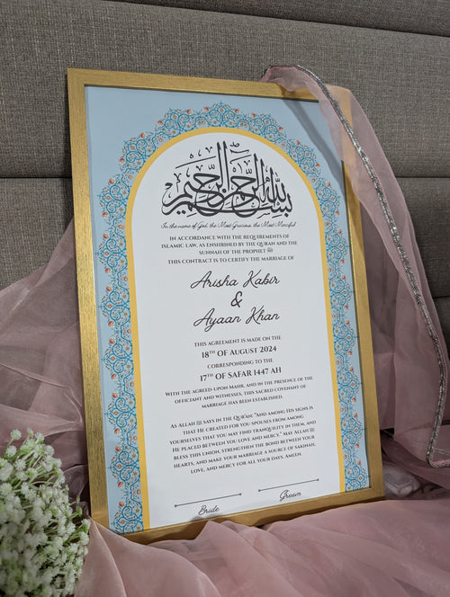 Hand painted Safiya Nikah certificate with blue floral motifs and gold border, custom Islamic marriage certificate Toronto