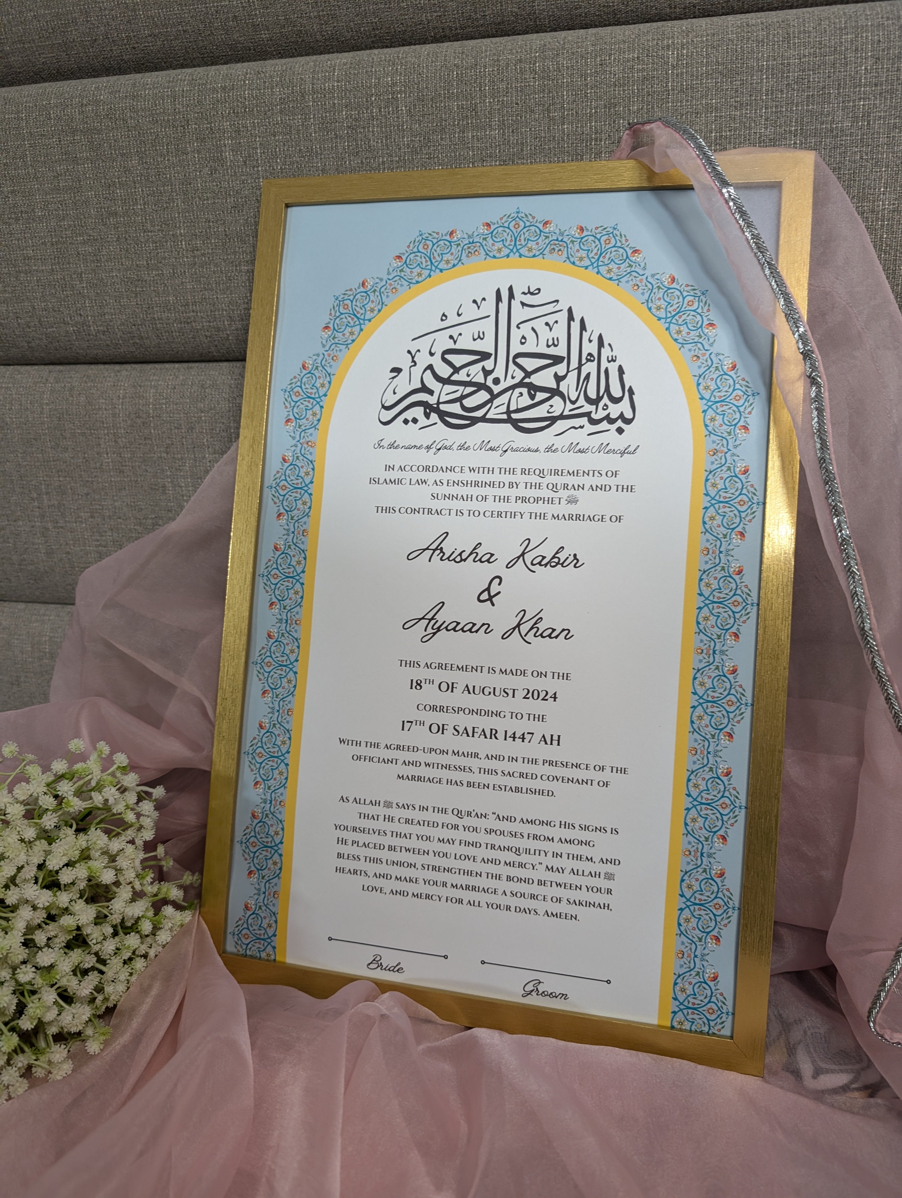 Hand painted Safiya Nikah certificate with blue floral motifs and gold border, custom Islamic marriage certificate Toronto