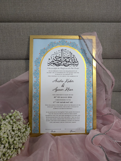 Hand painted Safiya Nikah certificate with blue floral motifs and gold border, custom Islamic marriage certificate Toronto