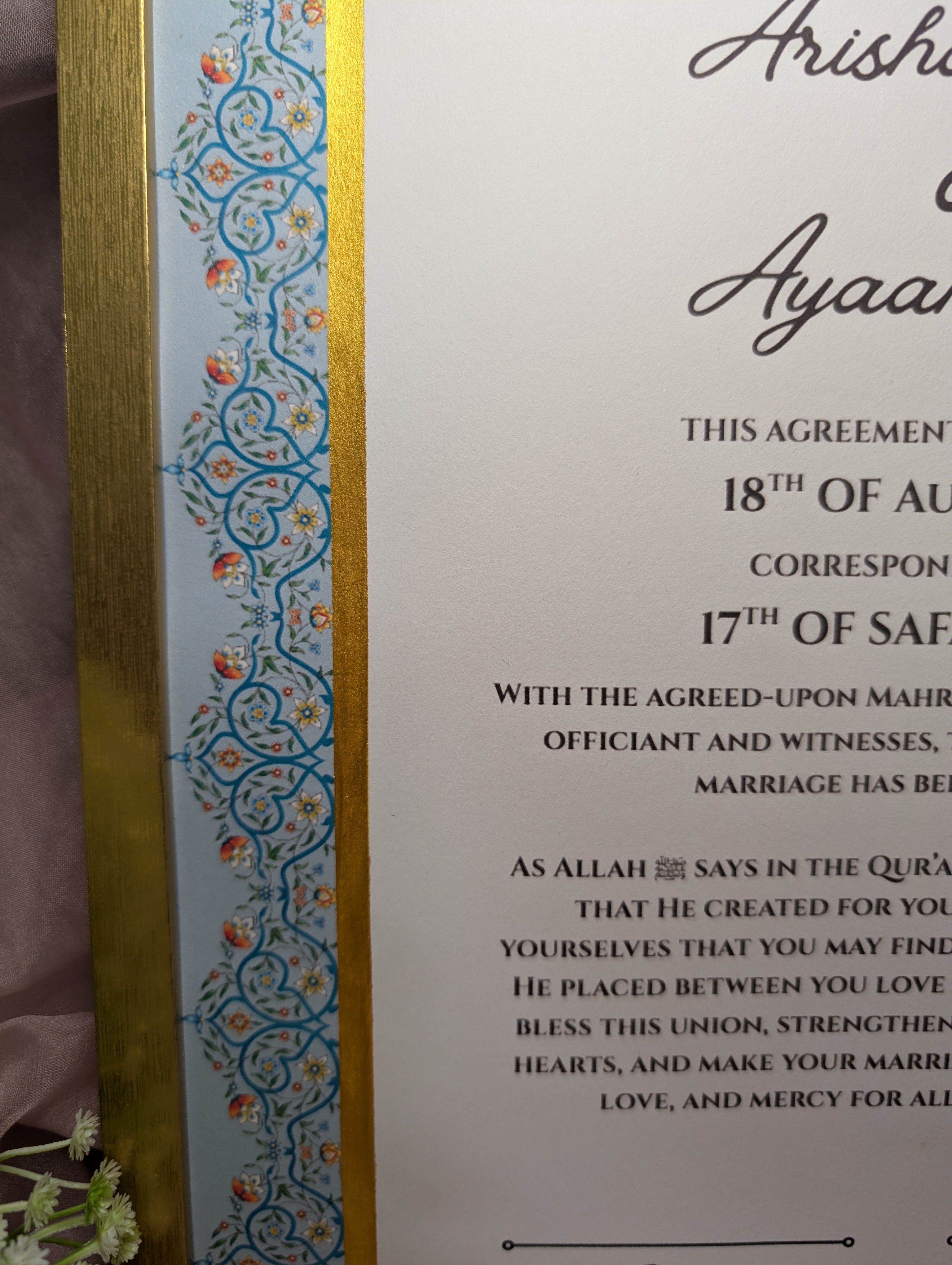 Detail of hand painted blue floral design on Safiya Nikah certificate, custom nikah certificate Toronto