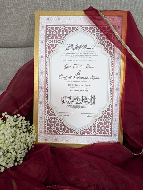 Close-up of star motif printed design on Hana Nikah certificate, custom nikah certificate Inarah Studio